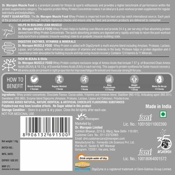 Dr. Morepen Muscle Food 100% Whey Protein | With Digestive Enzymes | Chocolate | Powder | 1 Kg