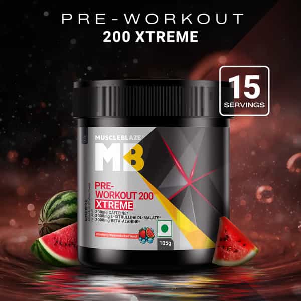 Muscleblaze Pre Workout 200 Xtreme (Strawberry Watermelon Ice | 15 Servings | 105G)