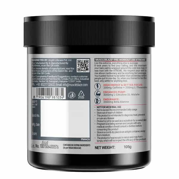 Muscleblaze Pre Workout 200 Xtreme (Strawberry Watermelon Ice | 15 Servings | 105G)