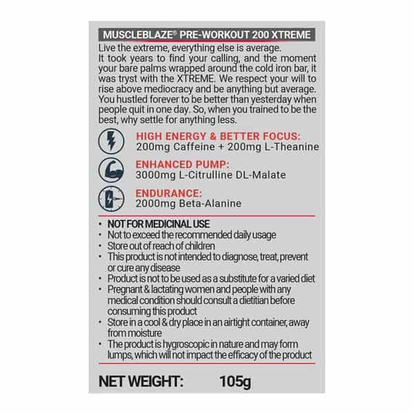 Muscleblaze Pre Workout 200 Xtreme (Strawberry Watermelon Ice | 15 Servings | 105G)