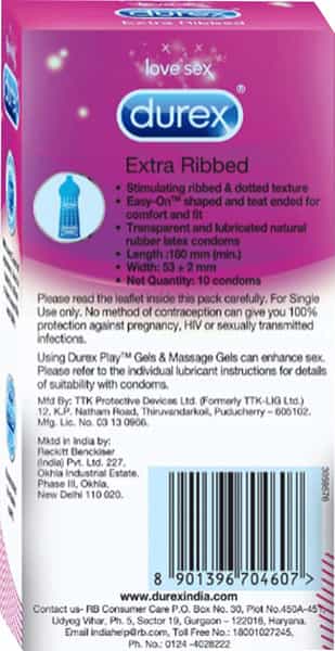 Durex Extra Ribbed Condoms For Men - 10 Count (Pack Of 2)