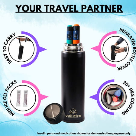 Outer Woods Insulin Cooler Bottle Case With 6 Mini Ice Gel Packs | 20+ Hrs Cooling | Small - Black