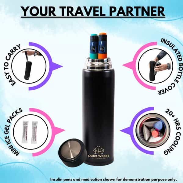 Outer Woods Insulin Cooler Bottle Case With 6 Mini Ice Gel Packs | 20+ Hrs Cooling | Small - Black