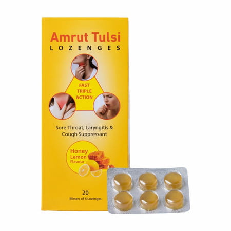 Amrut Tulsi Lozenges (Honey Lemon Flavour) 6 Tab | Cough & Sore Throat (Pack Of 20)