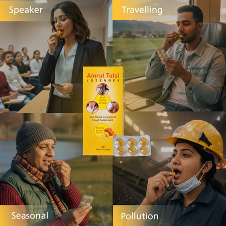 Amrut Tulsi Lozenges (Honey Lemon Flavour) 6 Tab | Cough & Sore Throat (Pack Of 20)