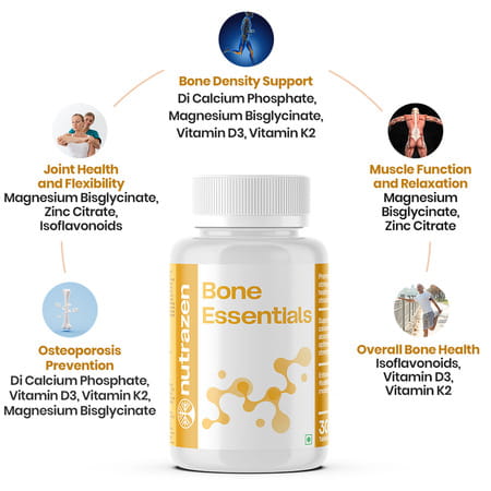 Nutrazen Bone Essentials Calcium | Vitamin D & K2 | Phosphorus | Magnesium | Zinc | 30 Tablets