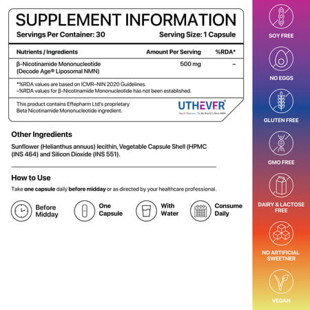 Decode Age Liposomal Nmn Supplement | 99.9% Pure Beta Nmn | Nad+ Booster | 500Mg | 30 Capsules | Veg
