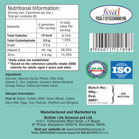Happi Kidz - Zinc + Vitamin C Gummies For Immune Support | Orange Flavor - 60n (Pack Of 2)