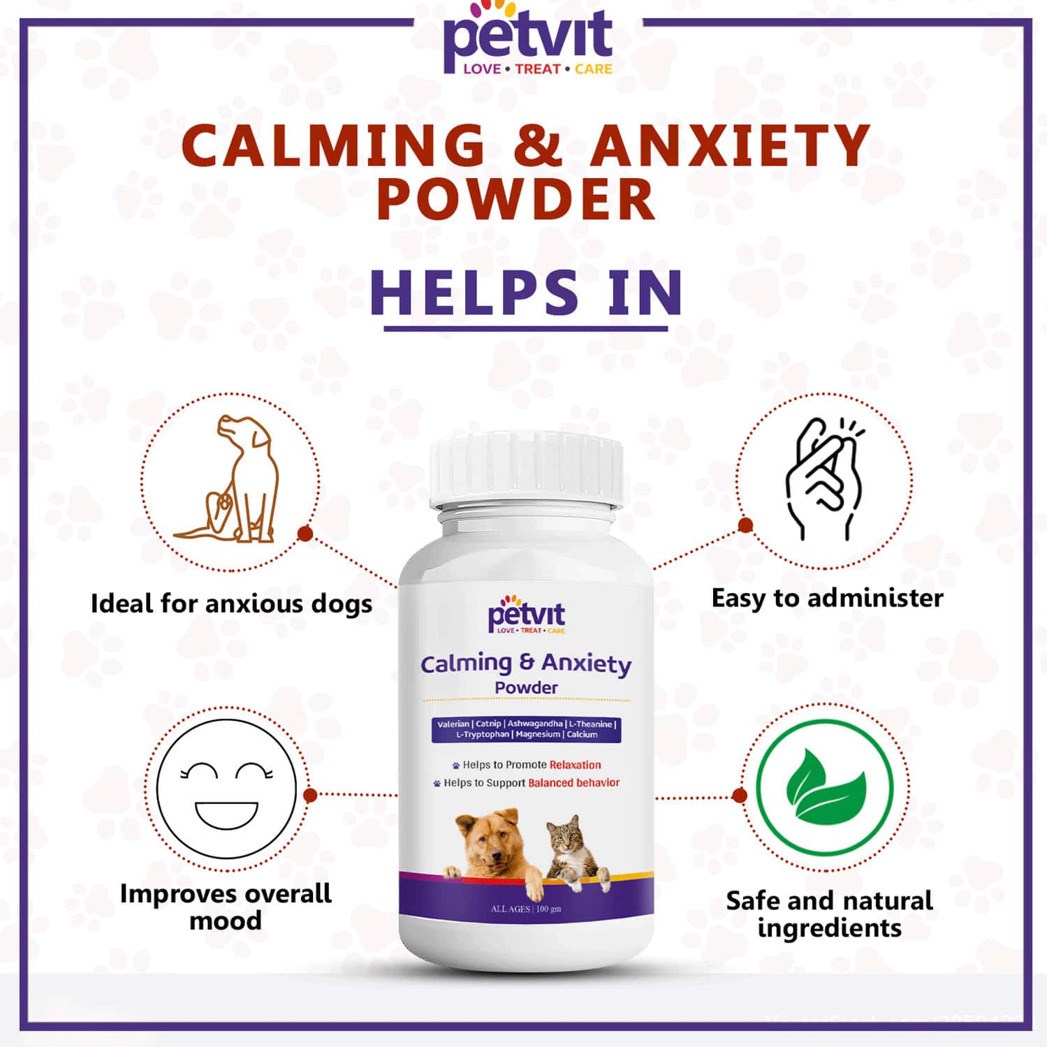 Buy PETVIT CALMING & ANXIETY POWDER ALL BREEDS OF DOGS & CATS 100GM