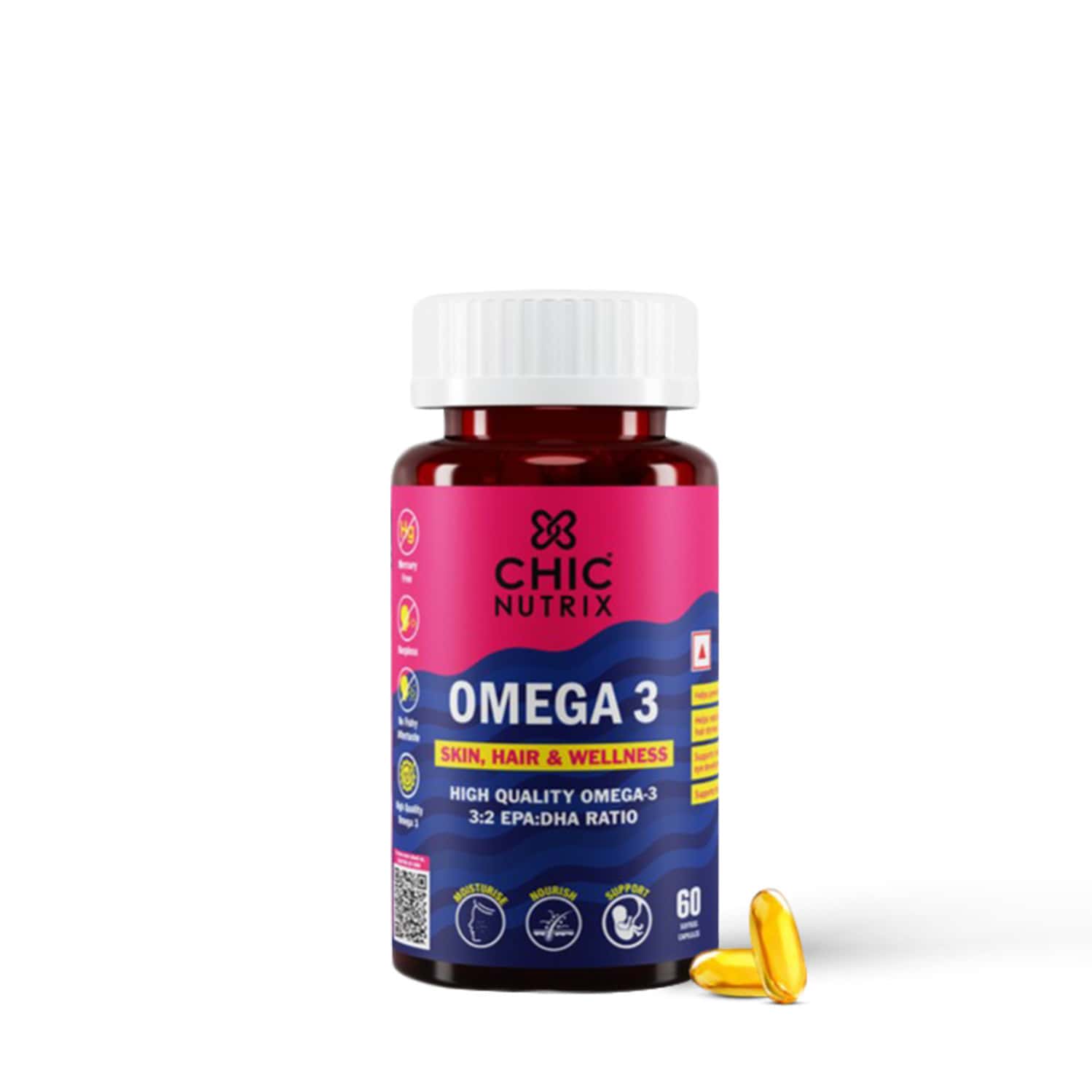 Chicnutrix Omega 3 - Skin Hair & Wellness - 60 Softgel Capsules Chocolate Flavour