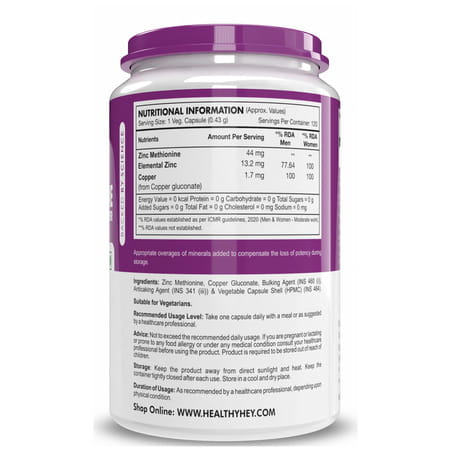 Healthyhey Nutrition Zinc Methionine + Copper Supports Immune-120 Veg Capsules