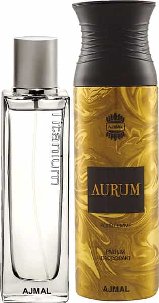 Ajmal Titanium Eau De Parfum 100Ml Perfume For Men And Aurum Femme Deodorant 200Ml For Women