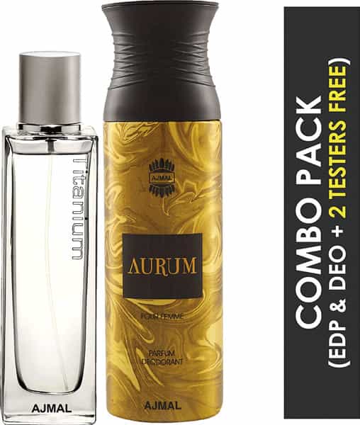 Ajmal Titanium Eau De Parfum 100Ml Perfume For Men And Aurum Femme Deodorant 200Ml For Women