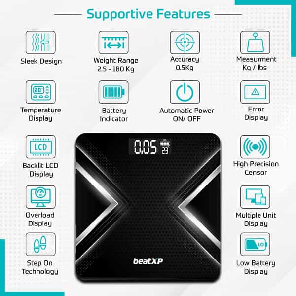 Beatxp Gravity X Digital Weighing Scale With Thick Tempered Glass|2 Months Warranty| Black