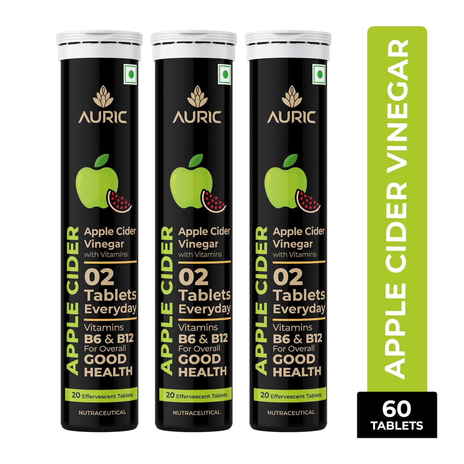 Auric Apple Cider Vinegar With Vitamins | 60 Acv Tablets With Vitamin B6 & B12 In Every Tube