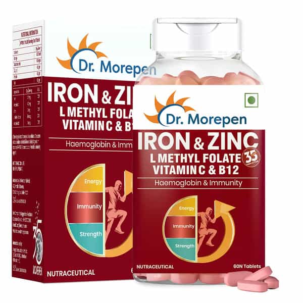 Dr. Morepen Iron & Zinc | L Methykl Folate Vitamin C & Zinc | Tablets | 60 No's