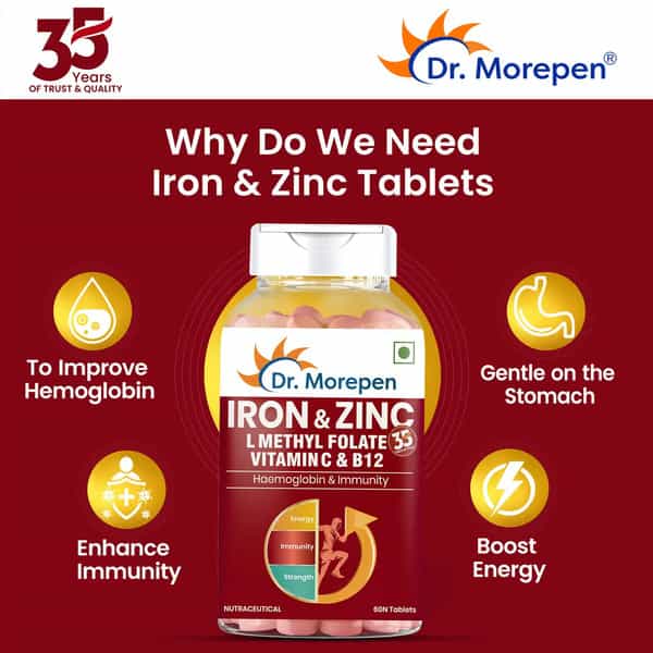 Dr. Morepen Iron & Zinc | L Methykl Folate Vitamin C & Zinc | Tablets | 60 No's