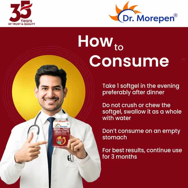 Dr. Morepen Iron & Zinc | L Methykl Folate Vitamin C & Zinc | Tablets | 60 No's