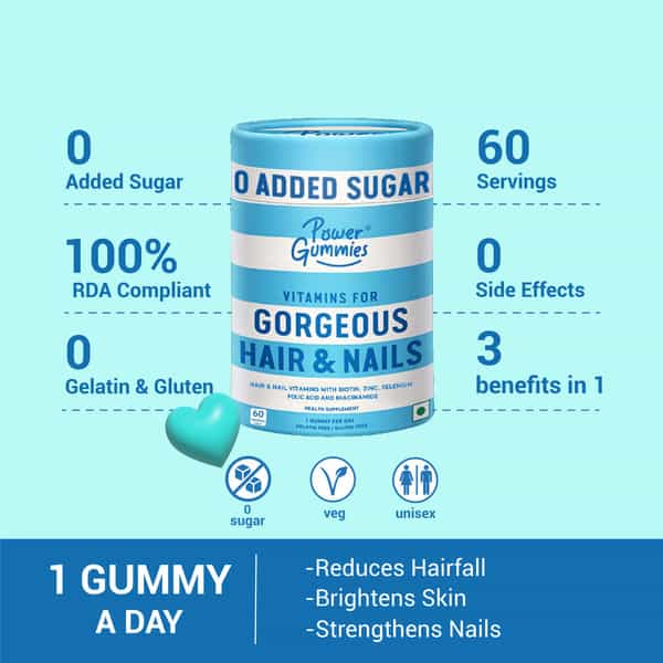 Power Gummies Gorgeous Hair & Nails Growth | Now With No Added Sugar & New Heart Shape - 30 Gummies