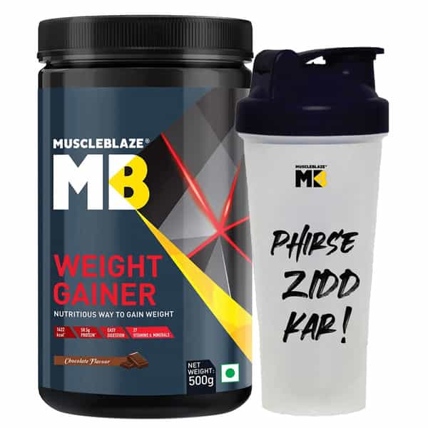 Muscleblaze Weight Gainer With Added Digezyme (Chocolate, 500G, 5 Servings) + Plastic Shaker, 650 Ml