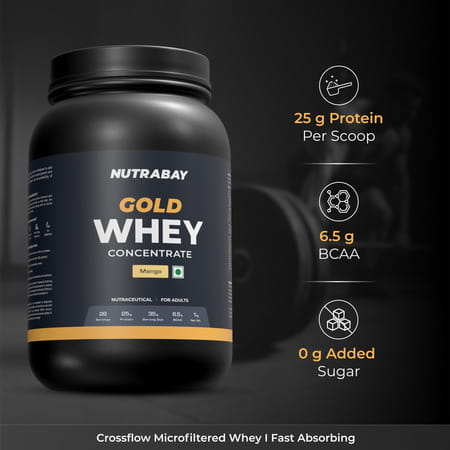 Nutrabay Gold 100% Whey Protein Concentrate|25g Protein|Muscle Support & Recovery|Mango | 1 Kg