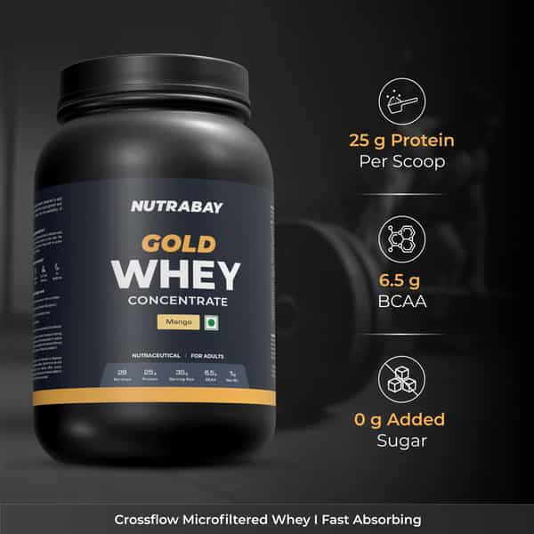Nutrabay Gold 100% Whey Protein Concentrate|25G Protein|Muscle Support & Recovery|Mango | 1 Kg