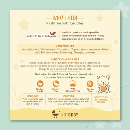 Nat Habit Talc Free Natural Kusha Baby Powder With Raw Haldi And Duba/Darbha | 150g