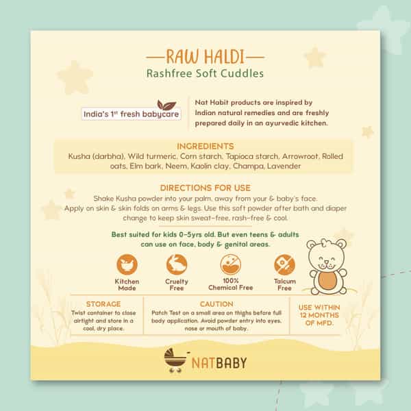Nat Habit Talc Free Natural Kusha Baby Powder With Raw Haldi And Duba/Darbha | 150G