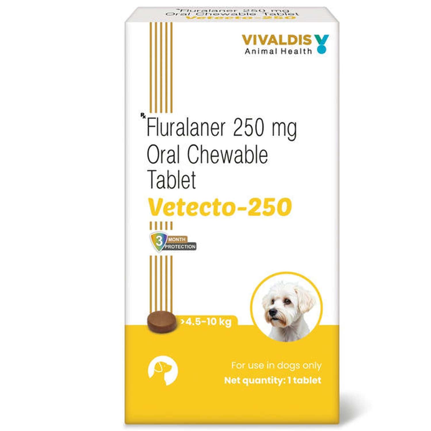 Vivaldis Vetecto 250 (Fluralaner) Chewable Tick & Flea Tablet For Dogs | 4.5 To 10 Kg | 1 Tablet