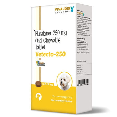 Vivaldis Vetecto 250 (Fluralaner) Chewable Tick & Flea Tablet For Dogs | 4.5 To 10 Kg | 1 Tablet