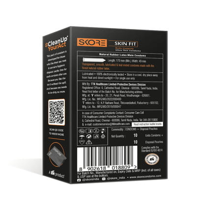 Skore Skinfit 49mm Condoms For Men |ultra Thin | 0.05mm Thickness | Disposal Pouches | Pack Of 10