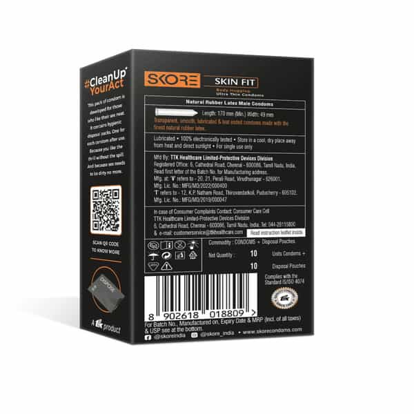 Skore Skinfit 49Mm Condoms For Men |Ultra Thin | 0.05Mm Thickness | Disposal Pouches | Pack Of 10