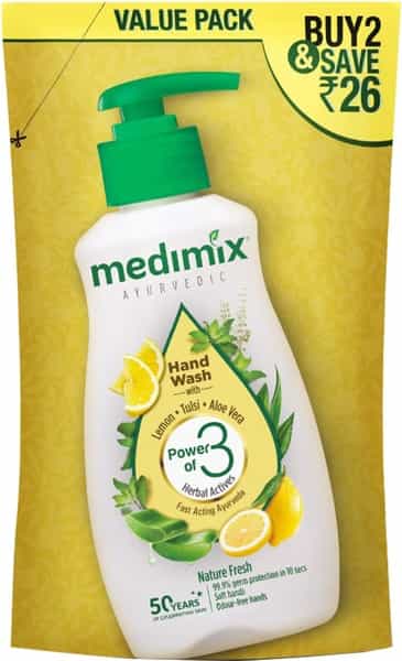 Medimix Ayurvedic Nature Fresh Hand Wash With Lemon Tulsi Aloe Vera Value Pack Refill Pouch-2X175ml