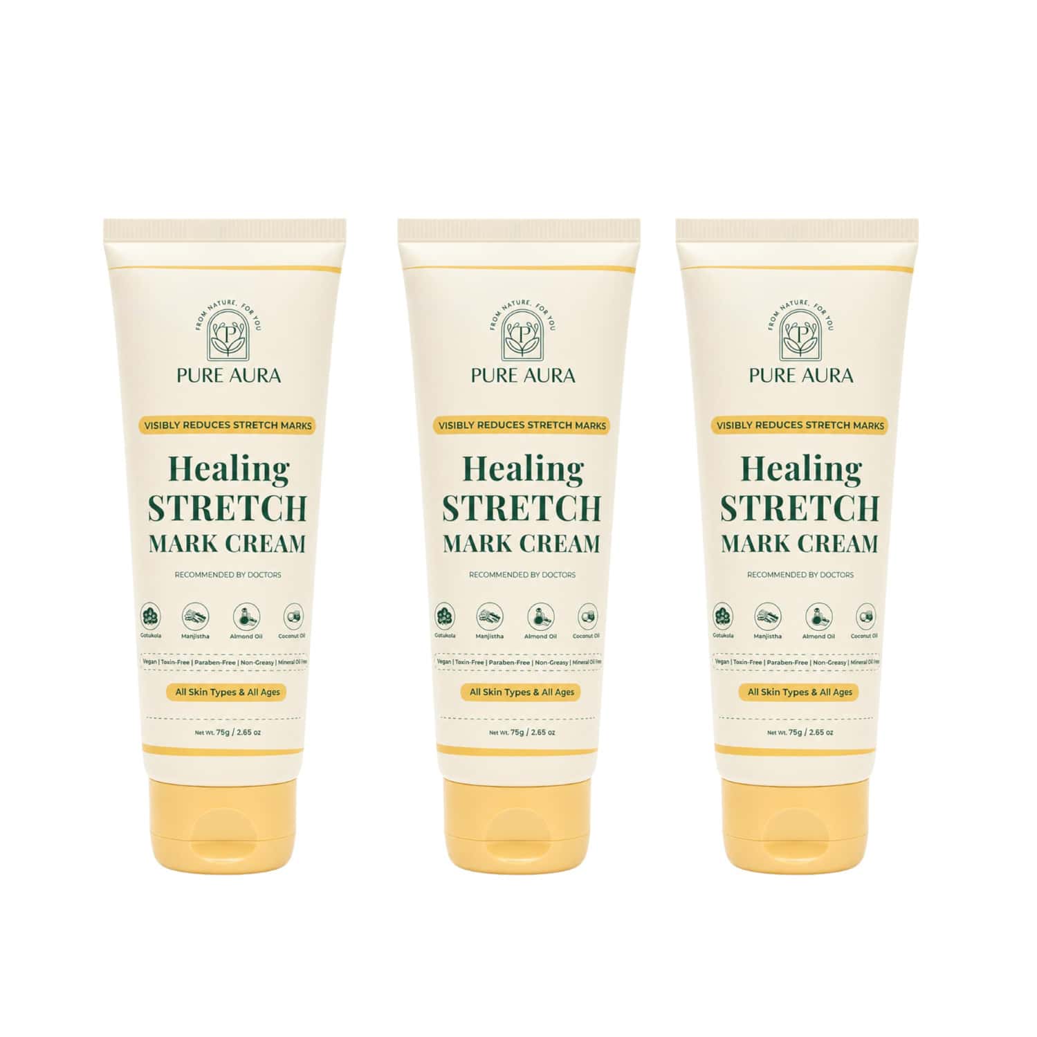 Pure Aura Healing Stretch Mark Cream | Visible Reduction In Stretch Marks In 10 Days 75 Gm Pack Of 3