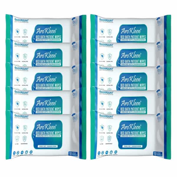 Arokleen Bed Bath Patient Large Wet Wipes Enriched With Aloe Vera And Glycerine 100Pcs Pack Of 10 