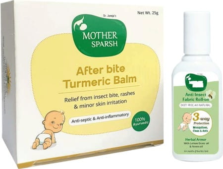 Mother Sparsh Combo Of After Bite Turmeric Balm And Natural Mosquito Fabric Roll On For Babies