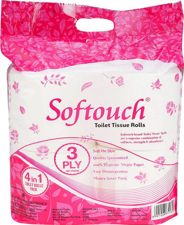 Softouch 3 Ply Toilet Tissue Paper 4 Rolls (375 Sheets Per Roll)