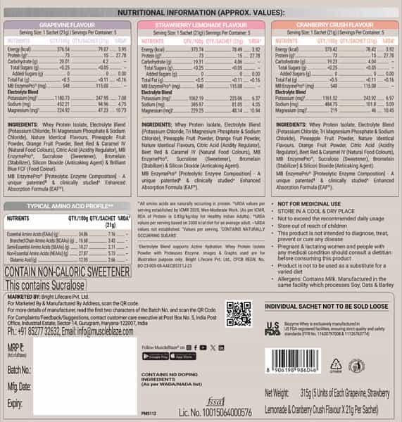 Muscleblaze Biozyme Clear Whey Isolate Protein Powder Assorted Flavours (15 Sachets | 21G Each)
