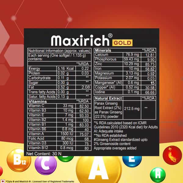 Maxirich Gold Advanced Daily Supplement Bottle | 30 Softgel Capsules