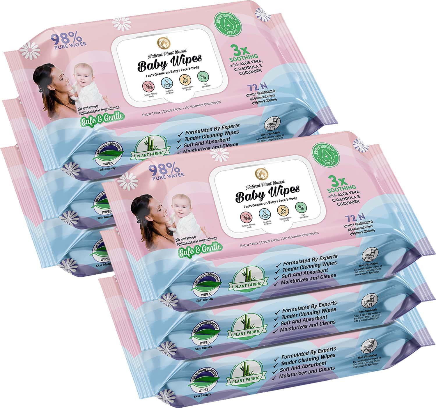 Mom & World Natural 98% Pure Water Baby Wipes 3x Soothing With Aloe Vera Ph Balanced 72 N Wipes X 6