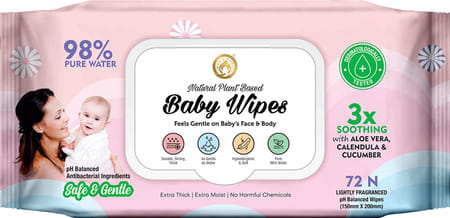 Mom & World Natural 98% Pure Water Baby Wipes 3x Soothing With Aloe Vera Ph Balanced 72 N Wipes X 6