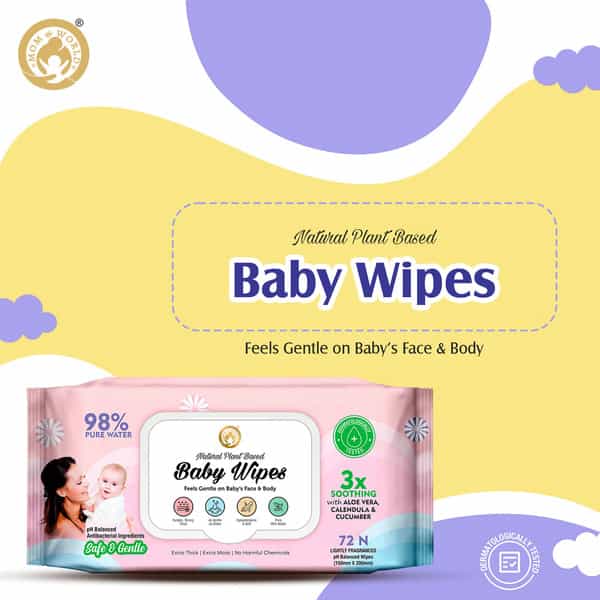 Mom & World Natural 98% Pure Water Baby Wipes 3X Soothing With Aloe Vera Ph Balanced 72 N Wipes X 6
