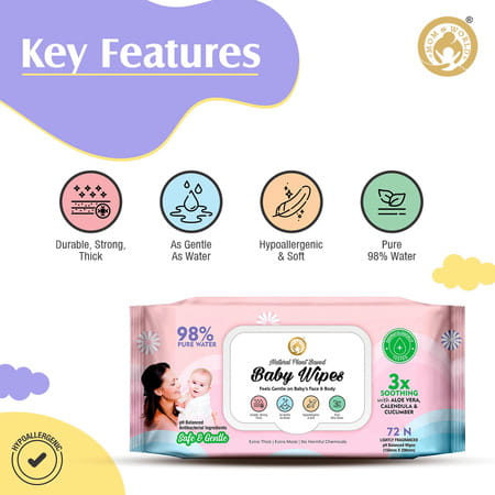 Mom & World Natural 98% Pure Water Baby Wipes 3x Soothing With Aloe Vera Ph Balanced 72 N Wipes X 6