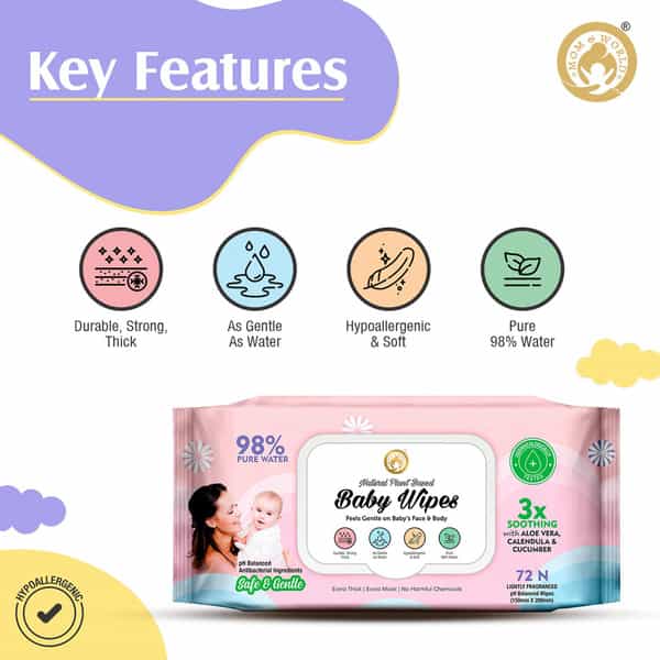 Mom & World Natural 98% Pure Water Baby Wipes 3X Soothing With Aloe Vera Ph Balanced 72 N Wipes X 6