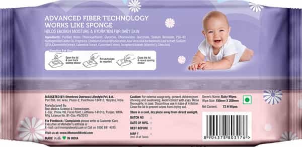 Mom & World Natural 98% Pure Water Baby Wipes 3X Soothing With Aloe Vera Ph Balanced 72 N Wipes X 6