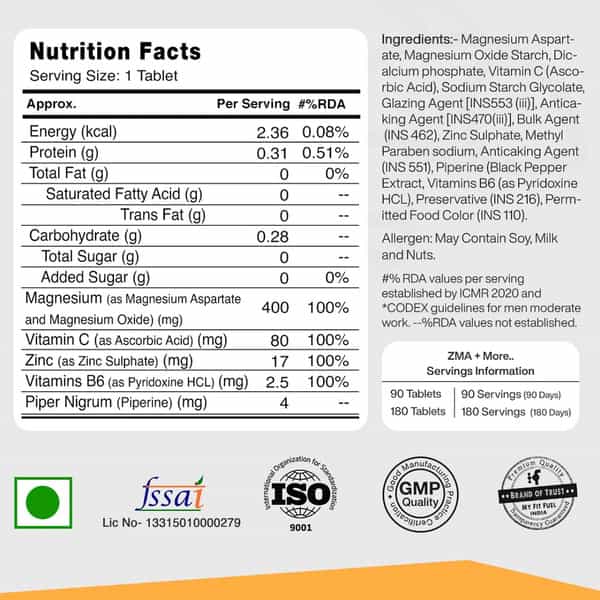 Myfitfuel Zma+ (Zinc | Magnesium | Vitamin B6 | Vitamin C & Piperine 95%) | 90 Tablets