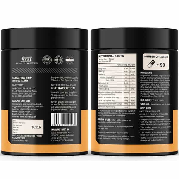Myfitfuel Zma+ (Zinc | Magnesium | Vitamin B6 | Vitamin C & Piperine 95%) | 90 Tablets