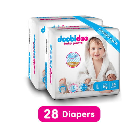 Doobidoo Baby Pants - Large Size Diapers (28 Count) - With Anti Leak Side Cuffs (9-14 Kgs)