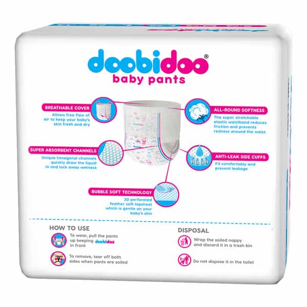 Doobidoo Baby Pants - Large Size Diapers (28 Count) - With Anti Leak Side Cuffs (9-14 Kgs)