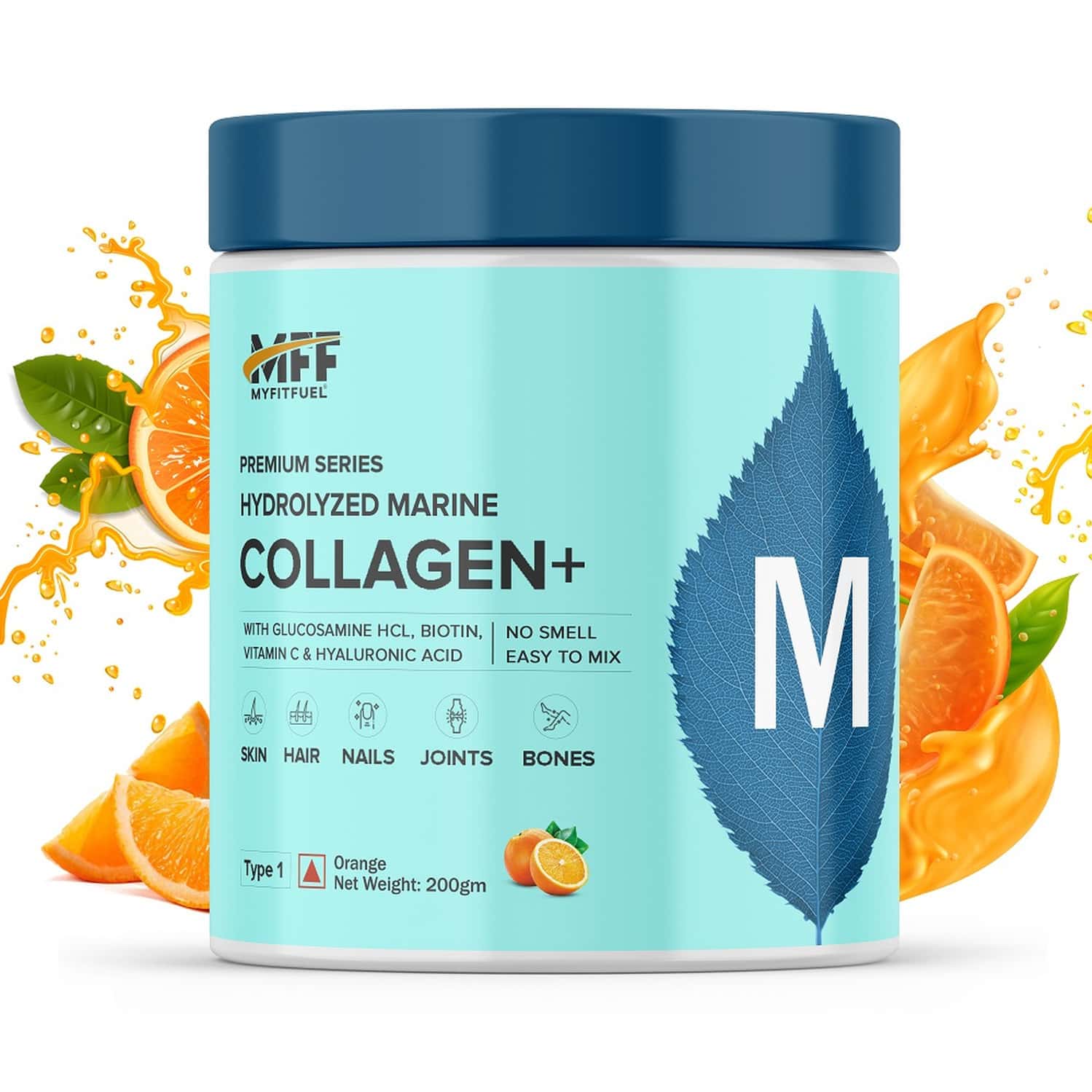 Myfitfuel Hydrolyzed Marine Collagen +glucosamine | Hyaluronic | Biotin | Vitamin C | 200gm | Orange